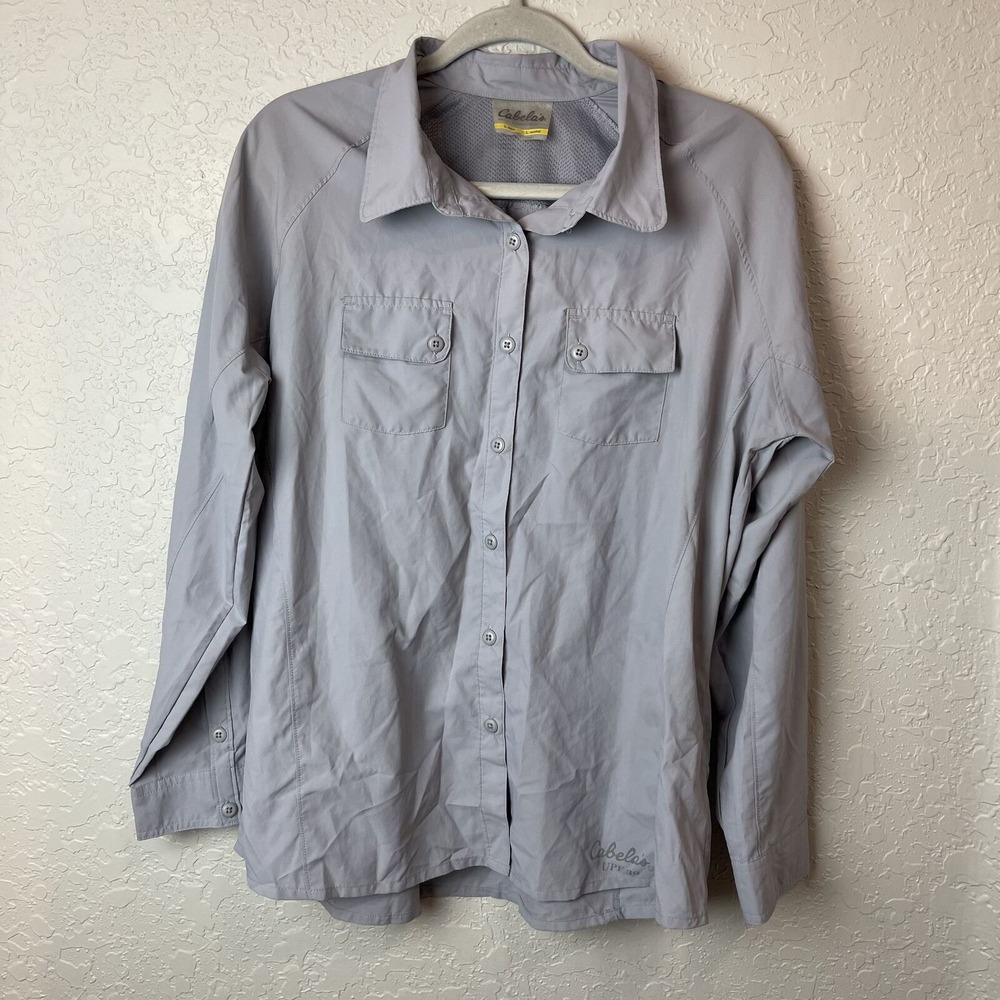 Cabelas L‎ Shirt Mens Gray UPF 30 Fishing Hiking Outdoor Vented Mesh Pockets